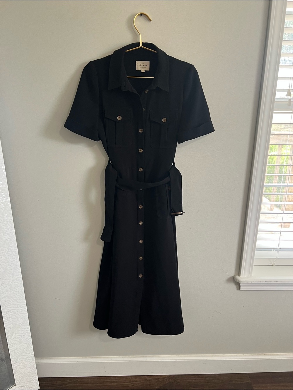 Sezane Black Raquel Button-Front Midi Shirt Dress with Belt